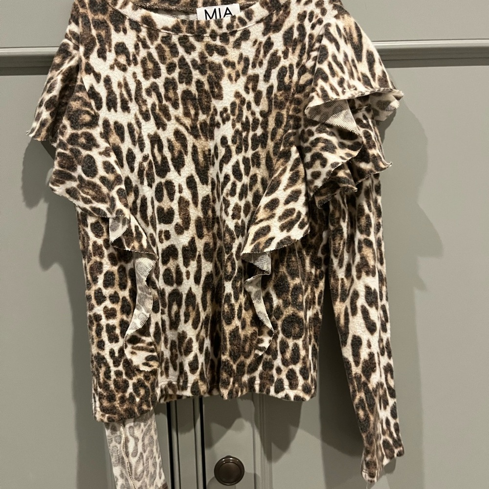 MIA Leopard Print Ruffle Sweater